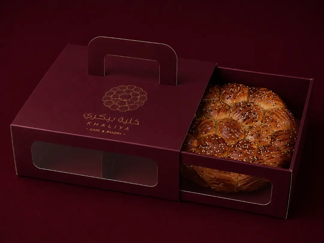 A Khaliya Bakery box with a golden French khaliya inside